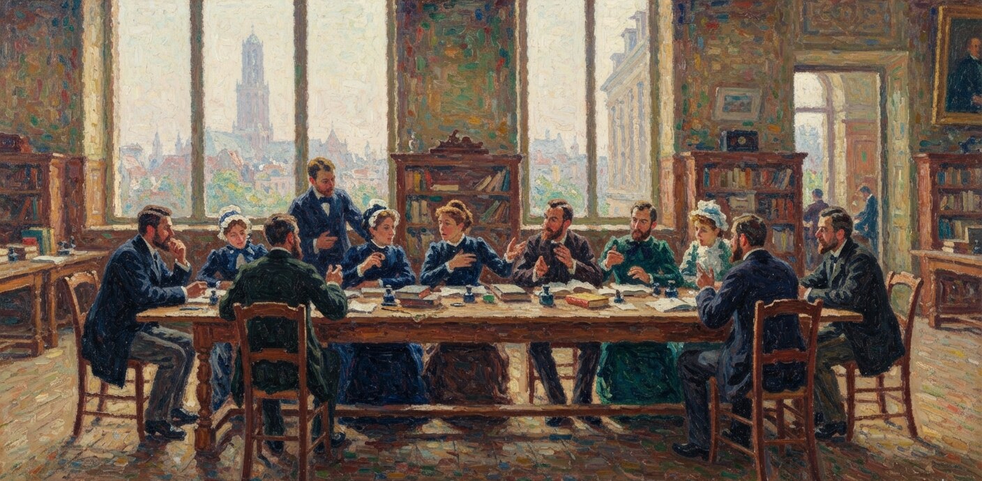 A group of scholars gathered around a seminar table in a library, with the Utrecht Dom tower visible through the windows
